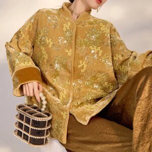 New Chinese style satin flower embroidery shirt sequin gold temperament blouse