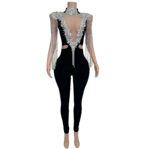 Elegant Women Knight Style Jumpsuit Sexy Mesh See Through Rhinestone Chain Leggings Stage Performance Shooting Costume heiVling