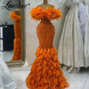 Orange Arabic Evening Dress Feather Mermaid Beads Crystal Party Gown Robe Soirée 2023 Off Shoulder Long Haute Couture Prom Dress