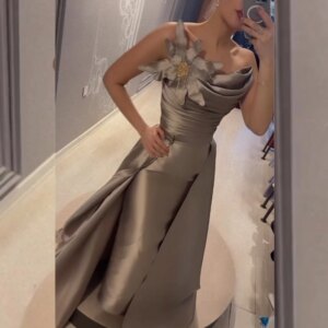 Customized Satin Flower Engagement A-line Strapless Bespoke Occasion Gown Long Dresses