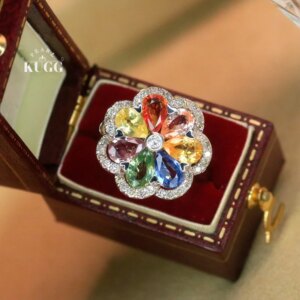 KUGG 100% 18K White Gold Rings Shiny Diamond Natural Color Sapphire Ring Romantic Flower Shape High Party Jewelry for Women