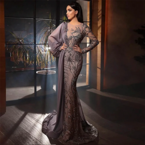 Elegant Gray Formal Evening Dresses Beading Floor Length O-Neck High Quality Tulle Chiffon Party Prom Mother of the Bride Dress