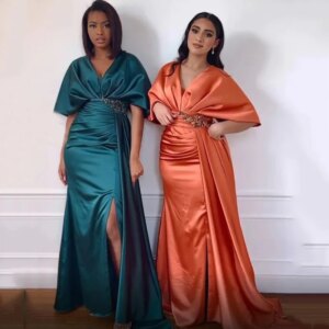 Yipeisha Mermaid Evening Gown with Drape Formal Satin Party Dress Sleeves Prom Dresses doe Special Occasion Robe de Soiree