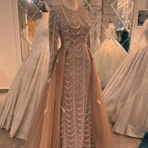 Formal Brown Evening Dresses Haute Coutures Long Sleeves Beaded Sequins Engagement Dress Bridal Party Gowns For Cocktail Robes