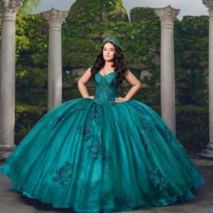 Customized Shiny dark green V-neck Off Shoulder Quinceanera Dress applique Tull crystal Outer layer gauze vestidos de 15