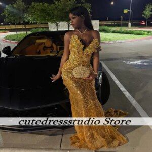 Golden Sequin Prom Dress For Black Girls African Exquisite Sequin Applique Luxury Mermaid Evening Dress Party Gowns Customized
