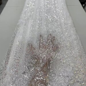 White African Tulle Beaded Lace Fabric, French Sequins Fabric, Sewing Embroidery Beads, Nigerian Dresses, 5 Yards, 2025 W532-1