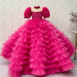 Luxury Pink Girl’s Birthday Party Dresses Customized Ball Gown Ruffles Lace Flower Girl Dress Princess Kids Pageant Gowns