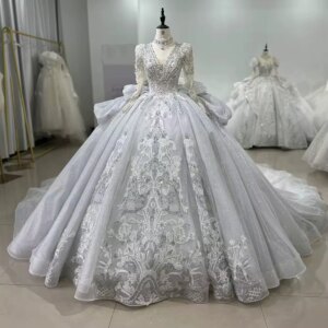 Vestido De Noiva Casamento Cívil V-Neck Long Sleeve Lace Up Keyhole Back Beading Embroidery Wedding Dress Ball Gown Bridal Dress