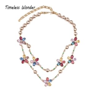 Timeless Wonder Fancy Crystal Zircon Floral Beaded Chains Necklace for Women Designer Fine Jewelry Runway Rare Top Cute 2614