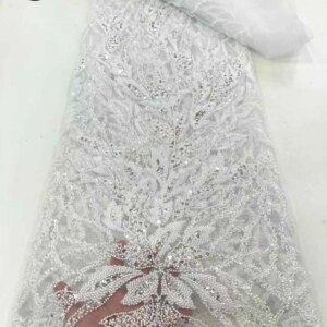White Beaded Lace Fabric 2025 High Quality Nigerian Embroidery Tulle Lace Sequins French Lace Fabric For Wedding Dress Sewing