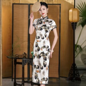 High Quality High-End Real Silk Cheongsam Qipao Improved Dress 2024 New Female Nostalgic Style Handmade Long