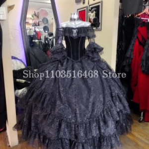 Vintage Black Wedding Dress Gothic One Shoulder Half Sleeve Lace Beaded Applique A-line Victorian Puffy Halloween Customized