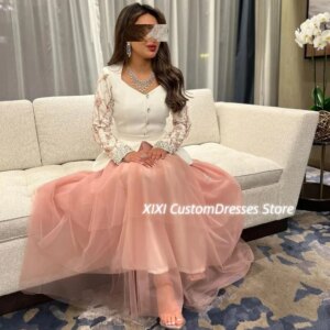 Customized فساتين سهرة Long Sleeves Zipper Up Luxury Evening Dresses 2025 Ruffle Ankle-Length Square Neckline Prom Dresses Linin