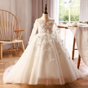 Jill Wish Luxury Dubai White Flower Girl Dresses Pearls Beads Flowers Princess Gown for Kids Birthday Wedding Party Pageant J088