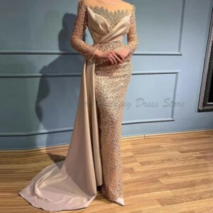 Champagne Mermaid Sequins Beaded Long Sleeve Prom Dress Arabic Dubai Sheer Jewel Neckline Robe De Soiree Formal Evening Gowns