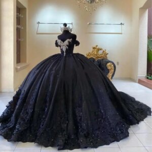 Customized Shiny Black Quinceanera Dress Ball Gowns Off The Shoulder Appliques Corset Luxury Birhtday Party Gown vestidos de