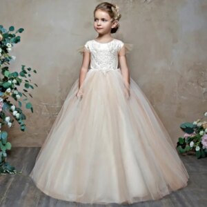 Flower Girl Dresses Champagne Puffy Pearl Lace Appliques Bow With Trailing For Wedding Birthday Party First Communion Gowns