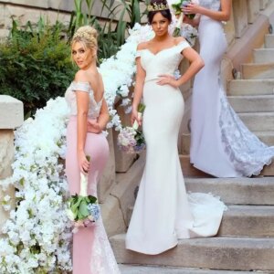 Elegant sexy mermaid bridesmaid dress under shoulder and neck applique Bridesmaid dress Sweep train wedding guest dress