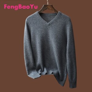 Fengbaoyu 100% Cashmere Sweater Men’s V-neck Thick All-matching Autumn Winter Pure Color Sheep Sweater Simple Youth Fashion Top