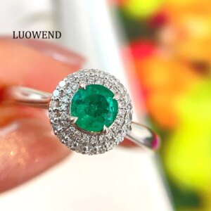 LUOWEND 100% 18K White Gold Rings Luxury Round Shape Shiny Diamond Natural Emerald Ring for Women High Anniversary Gift