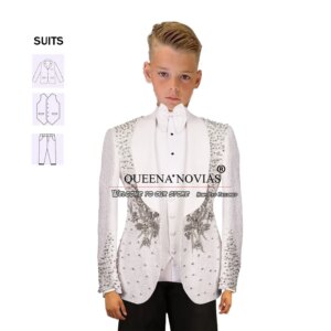 Elegance Boys’ Attire Suits Tailored Sliver Pearls Appliques Floral Children Wedding Tuxedo Tailored 3 Pieces Kids Clothing 2024