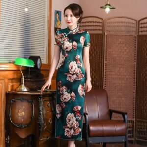 Spring and Summer New High Quality Real Silk Printed Long Improved plus Size Cheongsam Qipao Women’s Dress