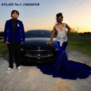 EVLAST Customized Gorgeous Royal Blue Velvet Prom Dress Silver Crystal Beaded Black Girls Aso Ebi Mermaid Party Gown E3P244