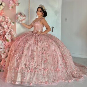 Pink Sequins Quinceanera Dresses Ball Gown Sequin Lace Applique Flower Beads Crystal Tull Mexican Corset Sweet 16 Vestidos De