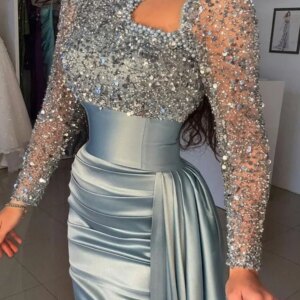 Mermaid Evening Gown Sequin Dress Formal Sweep Brush Train Long Sleeve High Neck Satin with Pearls Masquerade Dress Customize