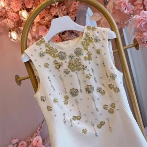 Tailored Shop Customized Handmade Nail Diamond Sleeveless Waist Dress for Women