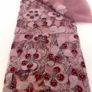 2025 High Quality African Beaded 5Yards NigerianTulle Lace Fabric Sequins Embroidery French Guipure Wedding Party Dress