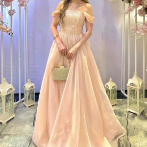CustomizedElegant Party Dresses Woman Off the Shoulder Floor Length Straight Organza Sweep Train Pleats Short Sleeves Crystal Ex