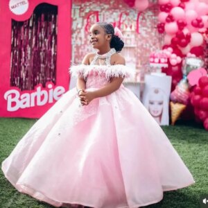 Blush Pink Girls Birthday Dresses Feather High Neck Flower Girl Dresses for Wedding Party Baby Kids Prom Gown for Photoshoot
