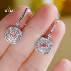 KUGG 18K White Gold Earrings Shiny Design 1.0carat Real Natural Pink&White Diamond Hoop Earrings for Women High Party Jewelry