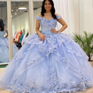 Sky Blue Shiny Quinceanera Dresses Ball Gown 3DFloral Flowers Appliques Lace Off Shoulder Corset For Sweet 15 Girls