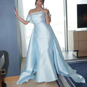 Elegant Long Blue Off the Shoulder Satin Evening Dresses Sleeveless Mermaid Sweep Train فساتين للمناسبات الرسمية