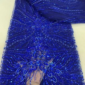 Royal Blue High Quality African French Handmade Bead Fabric 2024 Sewing Sequins Embroidery Nigeria Lace Fabric for Wedding Q24-1