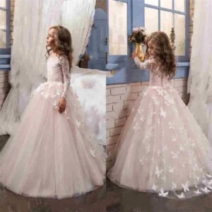 Flower Girl Dress for Wedding Butterfly Lace Appliques Long Sleeve Birthday Ball Gown First Holy Communion Celebration Dresses