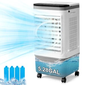 Portable Evaporative Cooler 720R Remote Copper Motor 5.28Gal Tank Scroll Casters Ice Packs 12H Timer Gray White