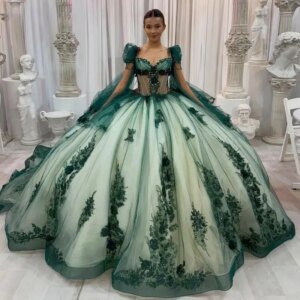 Customized Llackish Green Princess with Flare Sleeves 15 Quinceanera Ball Gown Flower Appliques Lace up Court Train Vestido