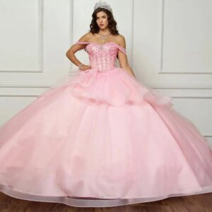 Customized Pink Princess Crystals Layered Bow 15 Quinceanera Ball Gown Off the Shoulder Applique Court Train Vestido De Graduact