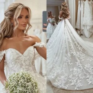 Romantic wedding Gorgeous auditorium wedding dress Elegant lower shoulder backless decal long train bridal dress custom vestibul
