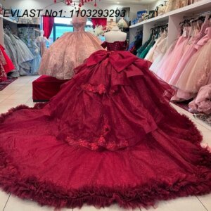 EVLAST Customized 2025 Burgundy Ball Gown Quinceanera Dress Lace Applique Beading Bow Corset Sweet 16 Vestidos De 15 Anos E1Q629