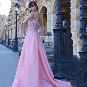 Pretty Pink Women Prom Dresses Floor Length Straight Strapless Sleeveless Appliques Flowers Luxury Female Banquet Party Gowns