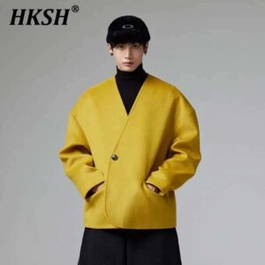 HKSH Autumn Winter New Men’s Tide Punk Niche Design Loose Wool Single Button Cardigan Chic Elegant Jacket Women Y2K Coats HK3459