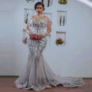 Grey Mermaid Hand Beaded Tassels African Wedding Guest Gown Black Women Formal Party Dress Aso Ebi Luxury Lace Prom Dresses