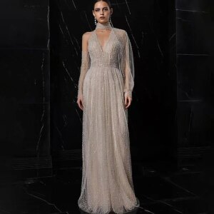 OEING 2025 Luxury Beads A Line Evening Dresses V Neck Draped Tulle Dubai Arabic Evening Party Gowns Robe De Soirée Customized