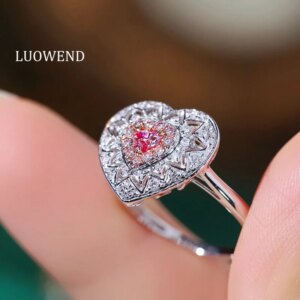 LUOWEND 100% 18K White Gold Rings Vintage Heart Shape Real Natural Pink Diamond Engagement Ring for Women High Wedding Jewelry