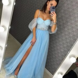 Off-Shoulder Sleeves Sparkling Evening Dress with Sweetheart Corset A-Line Skirt with High Slit Customizable Colors Glitter Gown